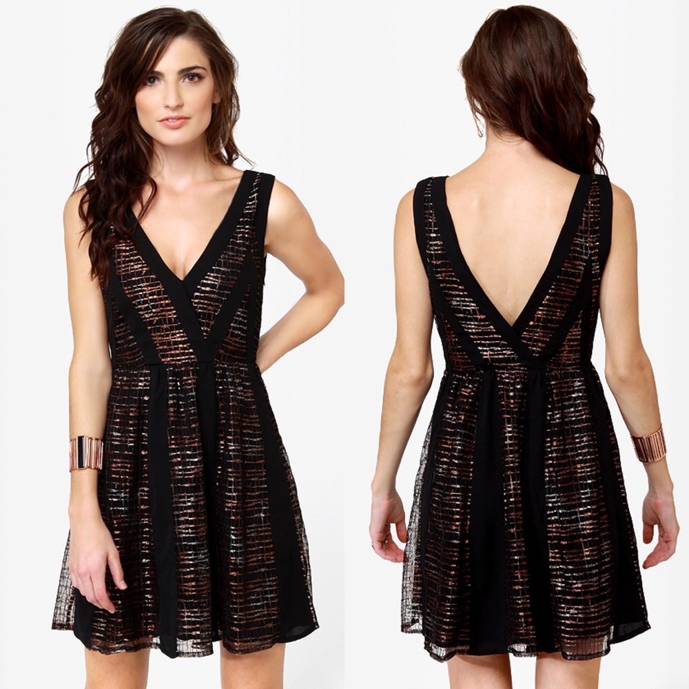 SYLK black & gold metallic v-neck fit and flare dress